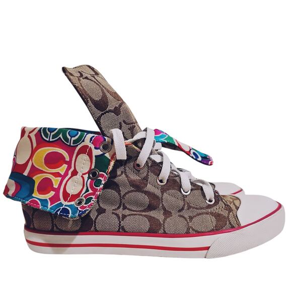 Coach Bonney High Top Sneaker Womens 8 Monogram Signature Canvas Pink Fold Over - Picture 1 of 16